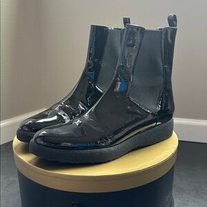 NWT Black Patent Leather Ankle Boots with Elastic Panels PARIS 40.5 US 10